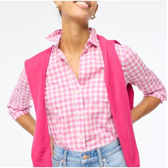 J. Crew Womens Boy Fit Perfect Shirt Bright Pink Ivory Plaid Gingham Button Up 4 - Picture 1 of 13